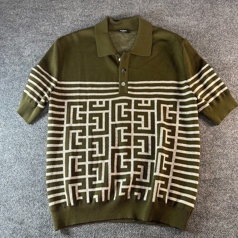 Balmain Polo Sweater Mens Green Monogram Print Tight Knit Short Sleeve Popover